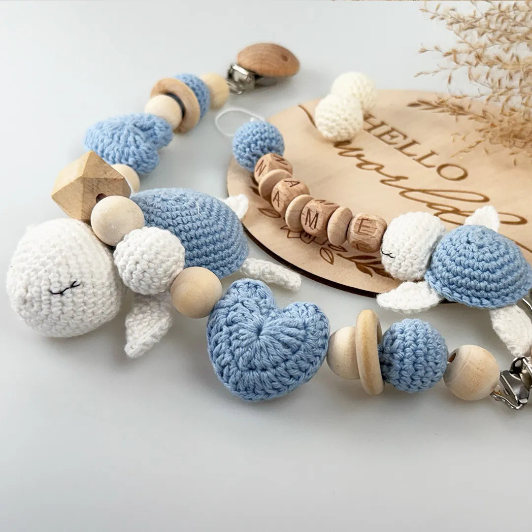Schildkröten Kinderwagen- und personalisierte Schnullerkette im Set