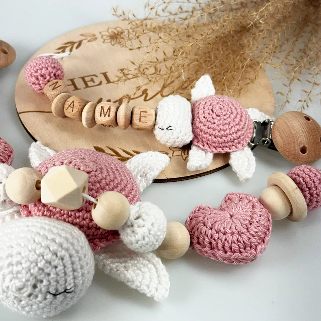 Schildkröten Kinderwagen- und personalisierte Schnullerkette im Set